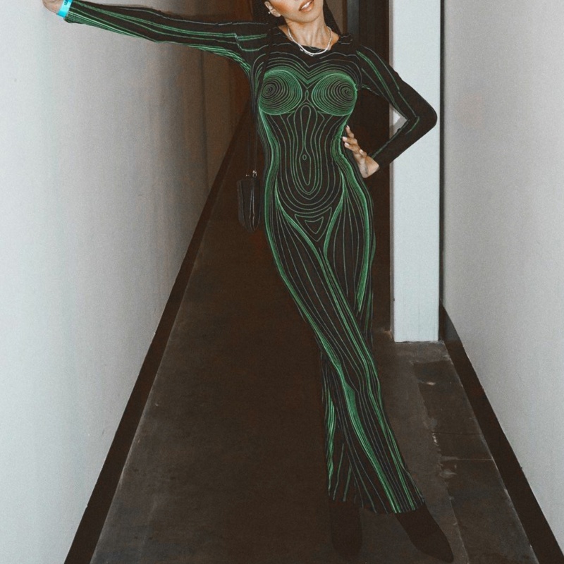 Xiangbao Đầm Dài Ôm Dáng Tay Dài Cổ Tròn In Họa Tiết Sọc Xanh Lá Tương Phản Harajuku Cho Nữ