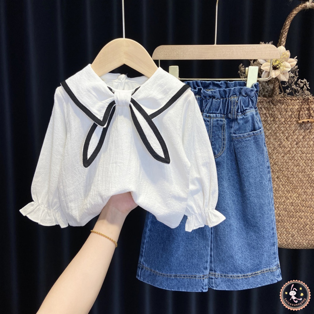 Set Đồ 2 Món Gồm Áo Cổ Hải Quân Tay Dài + Quần Jean Ống Rộng Cho Bé Gái