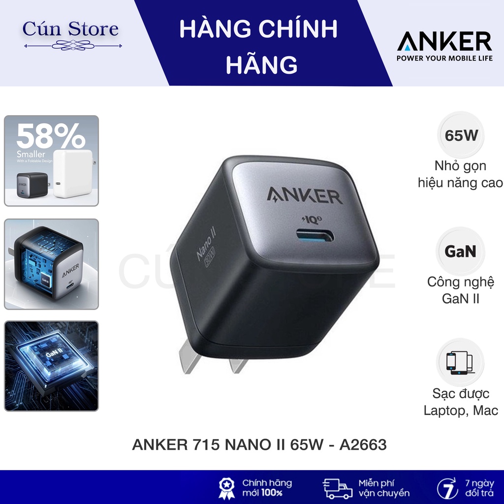 Củ sạc nhanh Anker Nano II 65W GaN 2 - A2663 hỗ trợ PD/PPS/QC sạc cho Laptop | Bảo hành 12 tháng