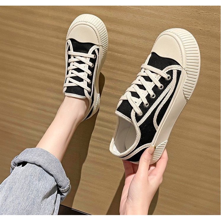Giày thể thao, sneaker nữ vải canvas mềm phối họa tiết màu siêu xinh đế bánh mì tăng chiều cao