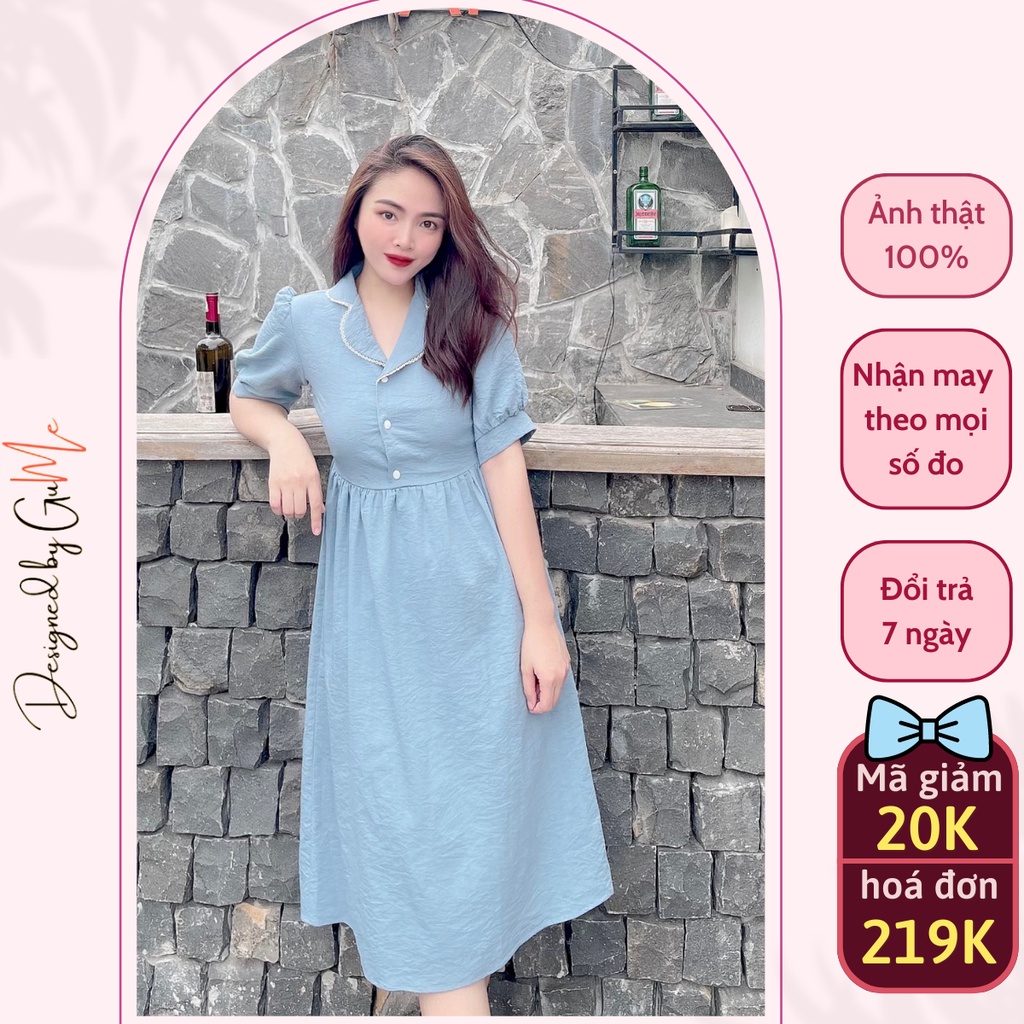 Váy bầu bigsize - Đầm bầu thiết kế GuMe Cổ Pyjama Viền Ren 3 Màu Đen , Hồng , Xanh dáng babydoll chất vải đũi hàn MB168