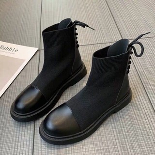 [ORDER] Bốt nữ cổ lửng buộc nơ sau, boots đế thấp da phối len siêu xinh - Bigsize 35-43