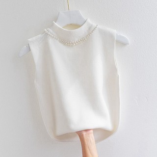 Áo Sweater Không Tay Màu Trắng Đính Hạt Thời Trang Dành Cho Nữ