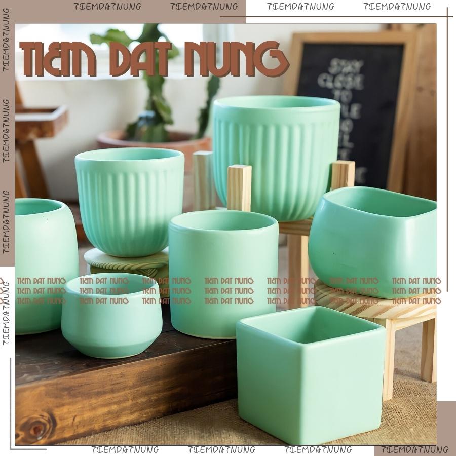 Chậu Đất Nung trồng Cây Cảnh Màu Xanh Mint