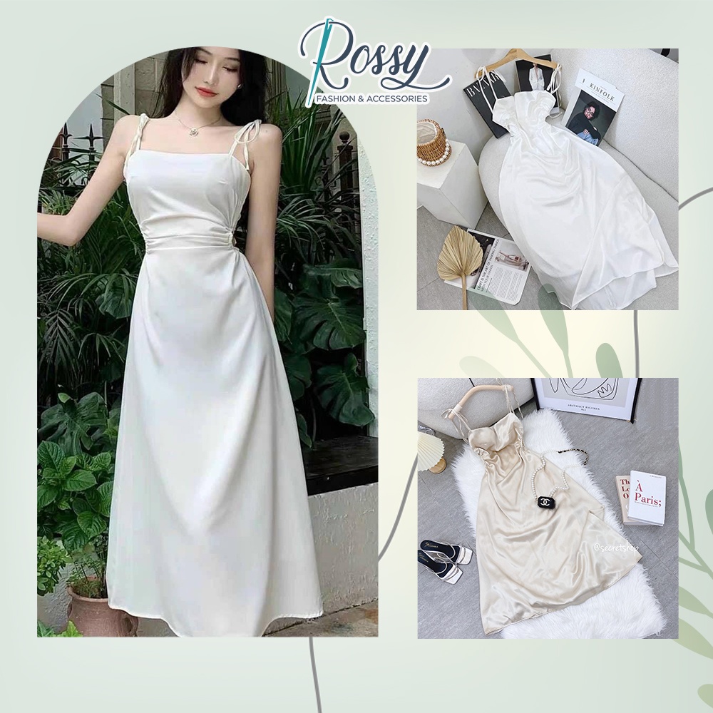 HÀNG CÓ SẴN Đầm nữ midi 2 dây khoét eo màu trắng chất lụa bóng thích hợp dự tiệc, dạo phố - SR150