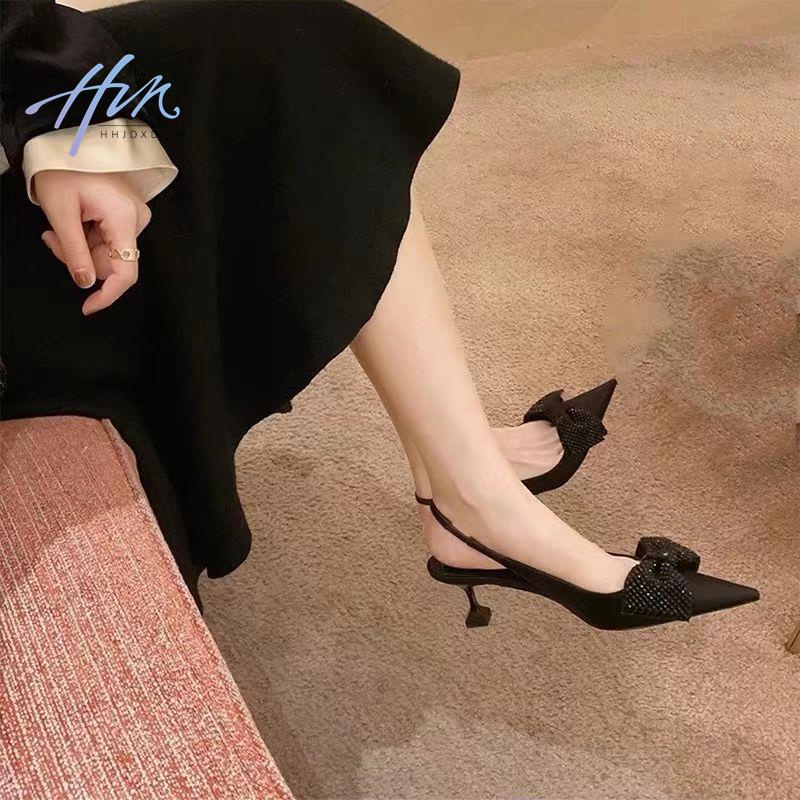 Hhjdxd Giày Cao Gót Hở Ngón Màu Đen Đính Đá Kiểu Pháp Thời Trang Thu Đông Mới Cho Nữ