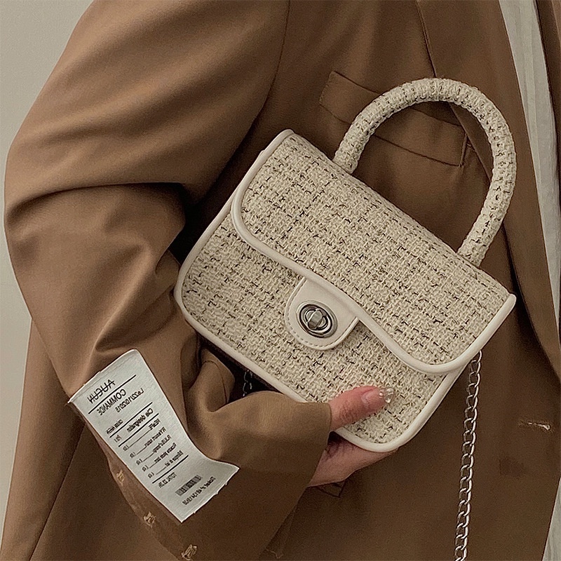 MISCHA Túi Xách Đeo Vai Hình Vuông Bằng Vải Bạt Nhỏ Nhắn Sọc Caro Màu Tương Phản Thời Trang Phong Cách Pháp Cho Nữ