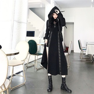 {Ảnh thật} Set đầm đen + hoodie croptop ulzzang dài 2 dây xẻ tà móc kim loại cá tính độc chất lạ full black