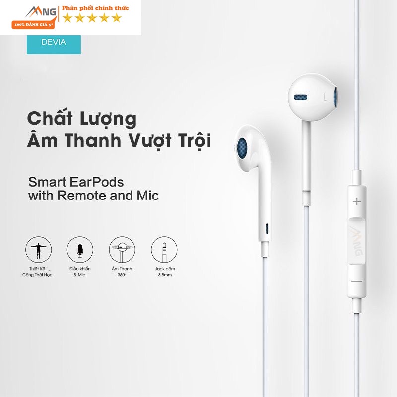 Tai nghe có dây có mic nhét tai Devia smart EM022 chân cắm 3.5 chơi game nghe nhạc hàng chính hãng