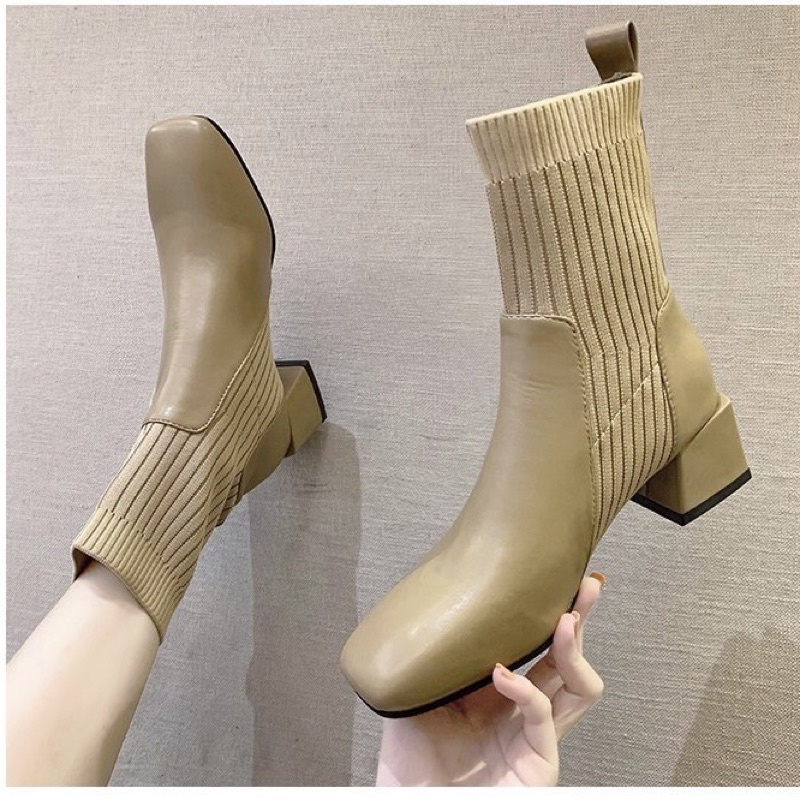 Boots nữ cổ len ngắn da trơn gót vuông cao 5cm không khoá