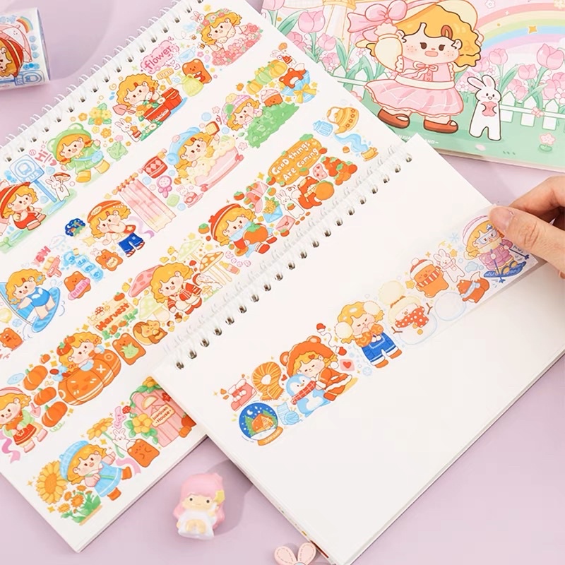 Sổ Chiết Sticker Washi Sổ Lò Xo 40 Tờ Hình Cô Gái Tóc Xoăn Dễ Thương