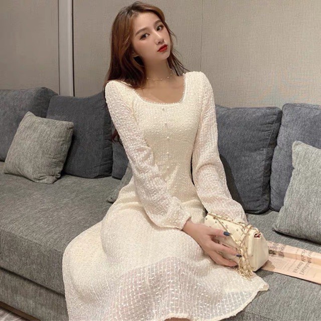 (Order) S-4XL Đầm trắng cổ vuông phối hạt trai dáng xoè dài dự tiệc siêu xinh