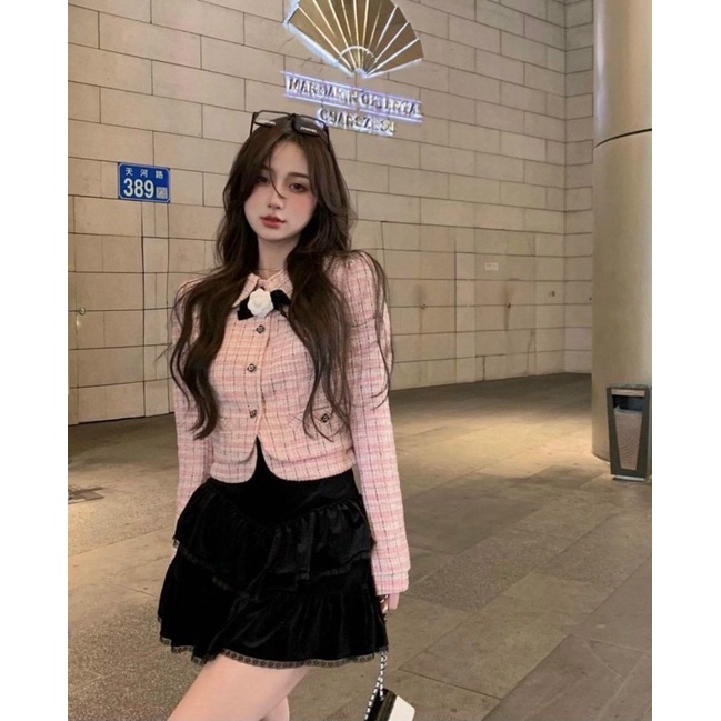 SET ÁO DẠ CARO TAY DÀI + CHÂN VÁY NHUNG VIỀN REN