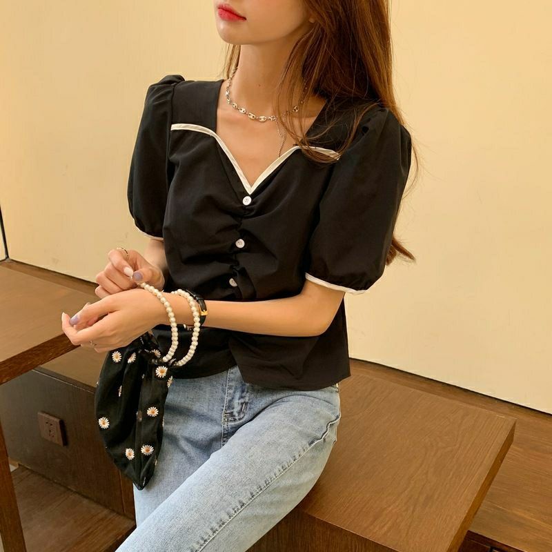 Áo Kiểu Tay Ngắn Phồng Cổ Vuông Thời Trang Mùa Hè Hàn Quốc 2022 Mới