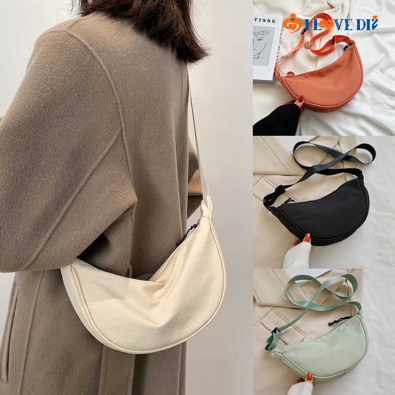 Túi Đeo Vai / Kẹp Nách Cỡ Lớn Bằng Nylon Màu Trơn Hình Bán Nguyệt Thời Trang Cho Nữ