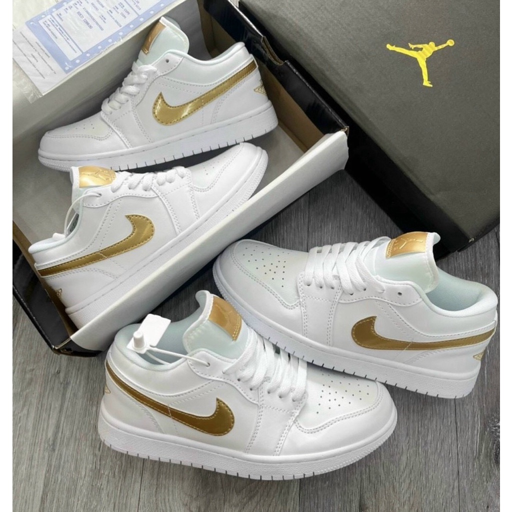 Giày thể thao sneakers air jordan 1 low panda original thấp cổ trắng mix viền Gold
