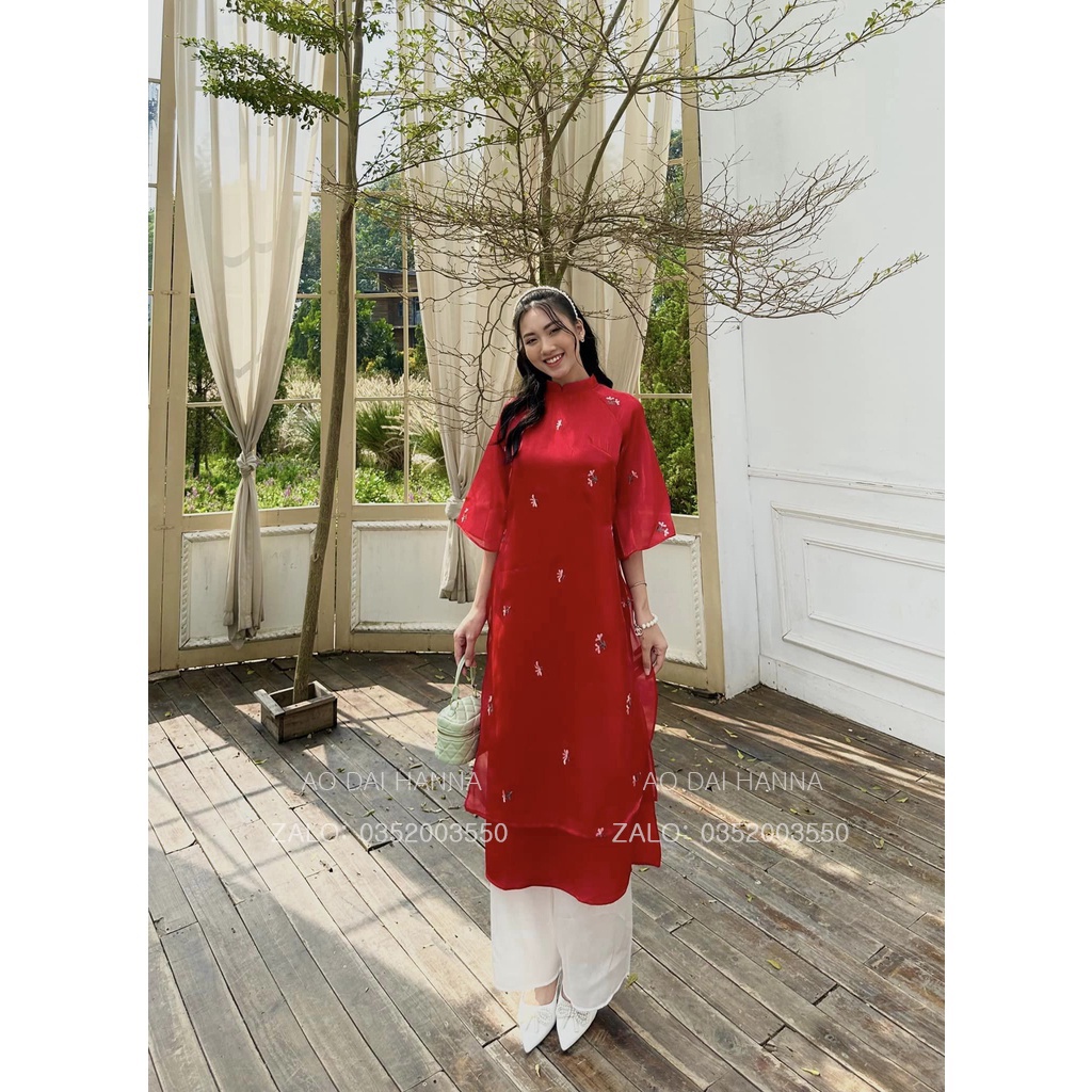 Áo dài cách tân dáng suông Hanna thêu hoa cao cấp mẫu mới nhất 2023, tay loe cánh tiên mặc đám cưới hỏi lễ tết sự kiện