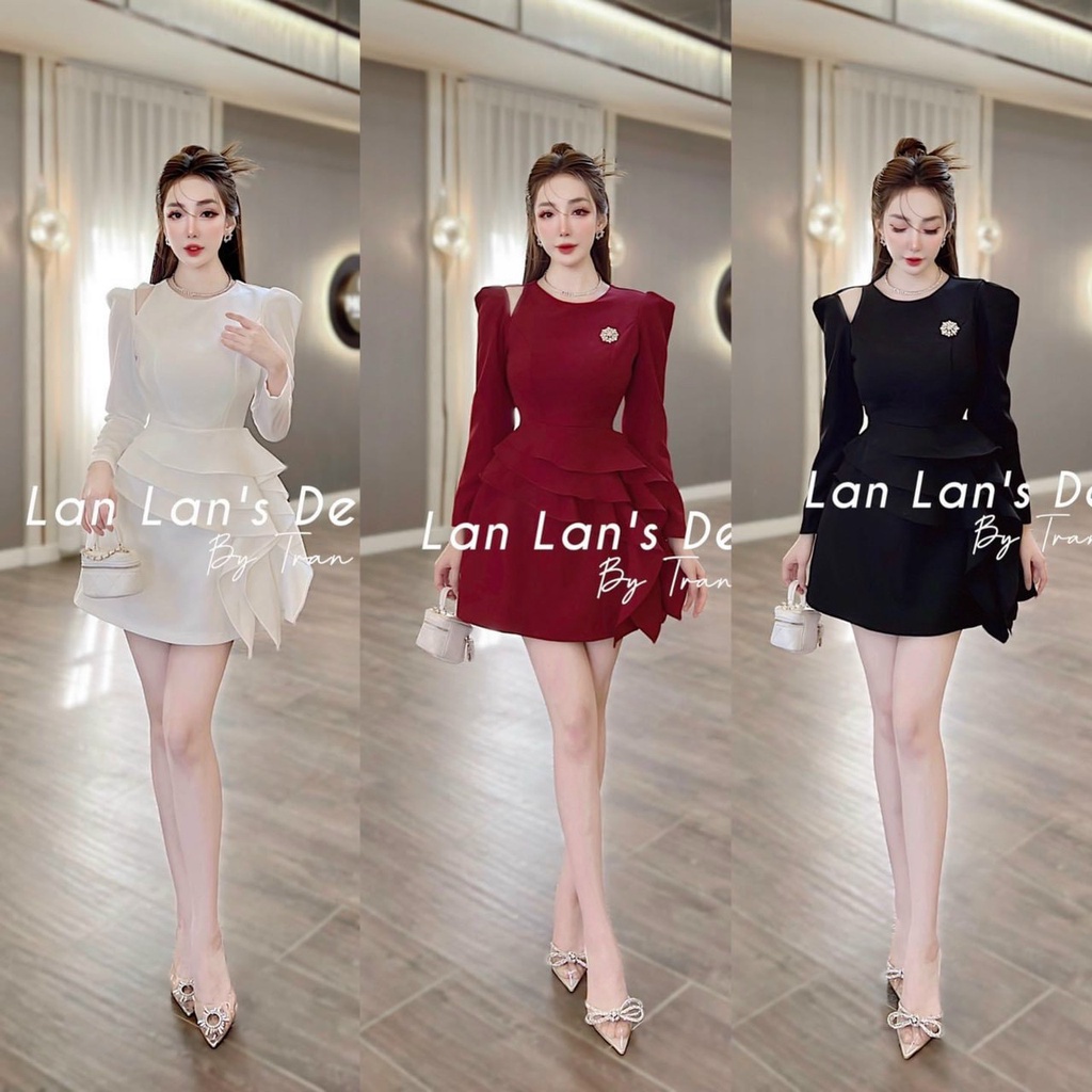 Đầm tiểu thư dự đám cưới phong cách hàn quốc thiết kế bèo eo xinh xắn, khoét vai cá tính