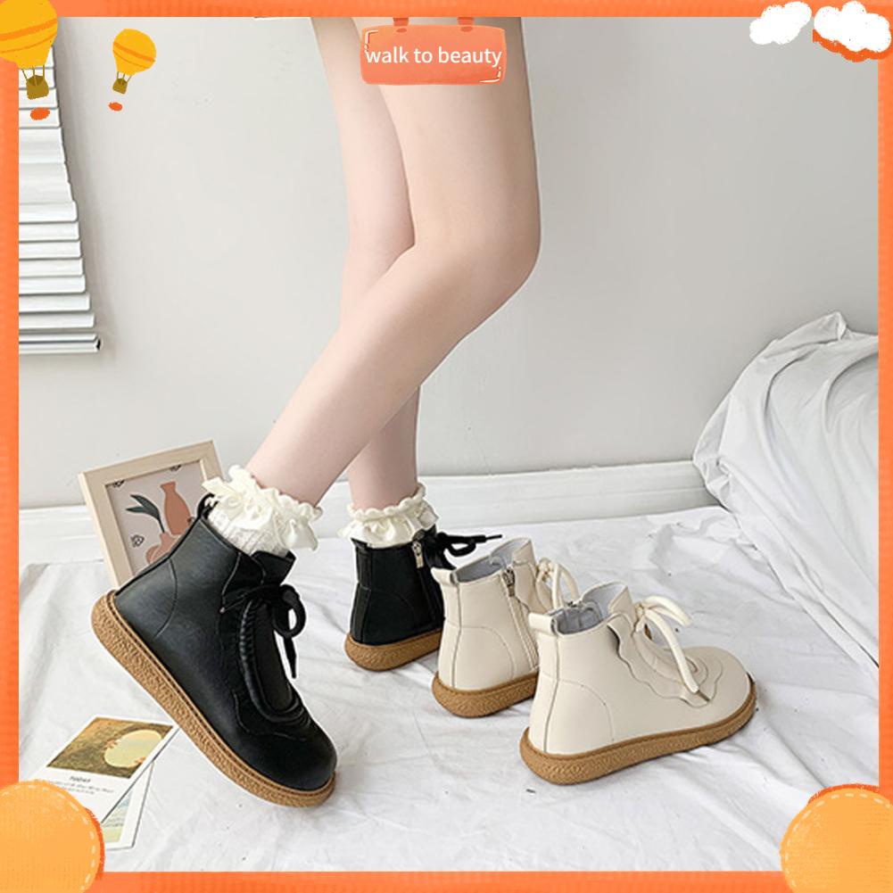 Arlene Giay Giày Bốt Cổ Thấp Thời Trang Đế Cao Su Dày Mũi Tròn Dây Kéo Bên Hông Da PU Cho Nữ walk to beauty