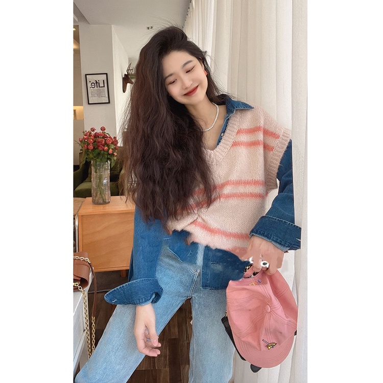 Set Áo Sơ Mi Tay Dài Kẻ Sọc Dáng Rộng + Áo Khoác Jean Không Tay Thiết Kế Mới Thời