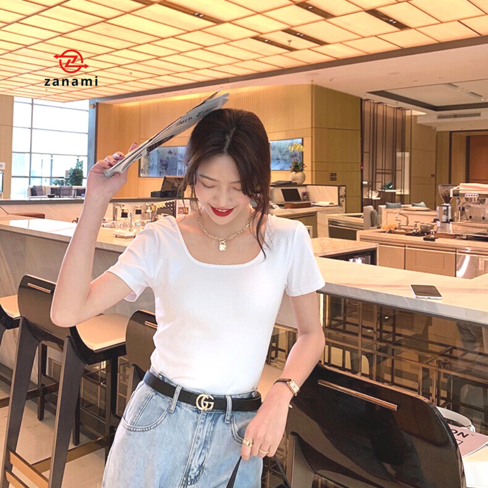 Áo phông nữ đẹp, Aó thun nữ trắng trơn basic cổ vuông ngắn tay ôm body chất cotton cao cấp -zanami 221