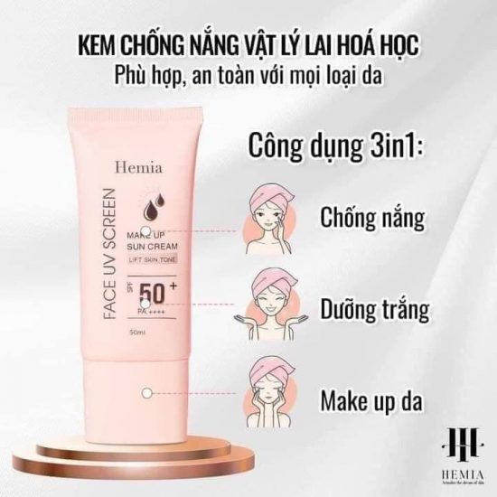 Kem chống nắng Hemia trang điểm nâng tone bảo vệ da Face UV Screen SPF 50+ Hàn Quốc kiềm dầu dành cho da nhạy cảm 50ml