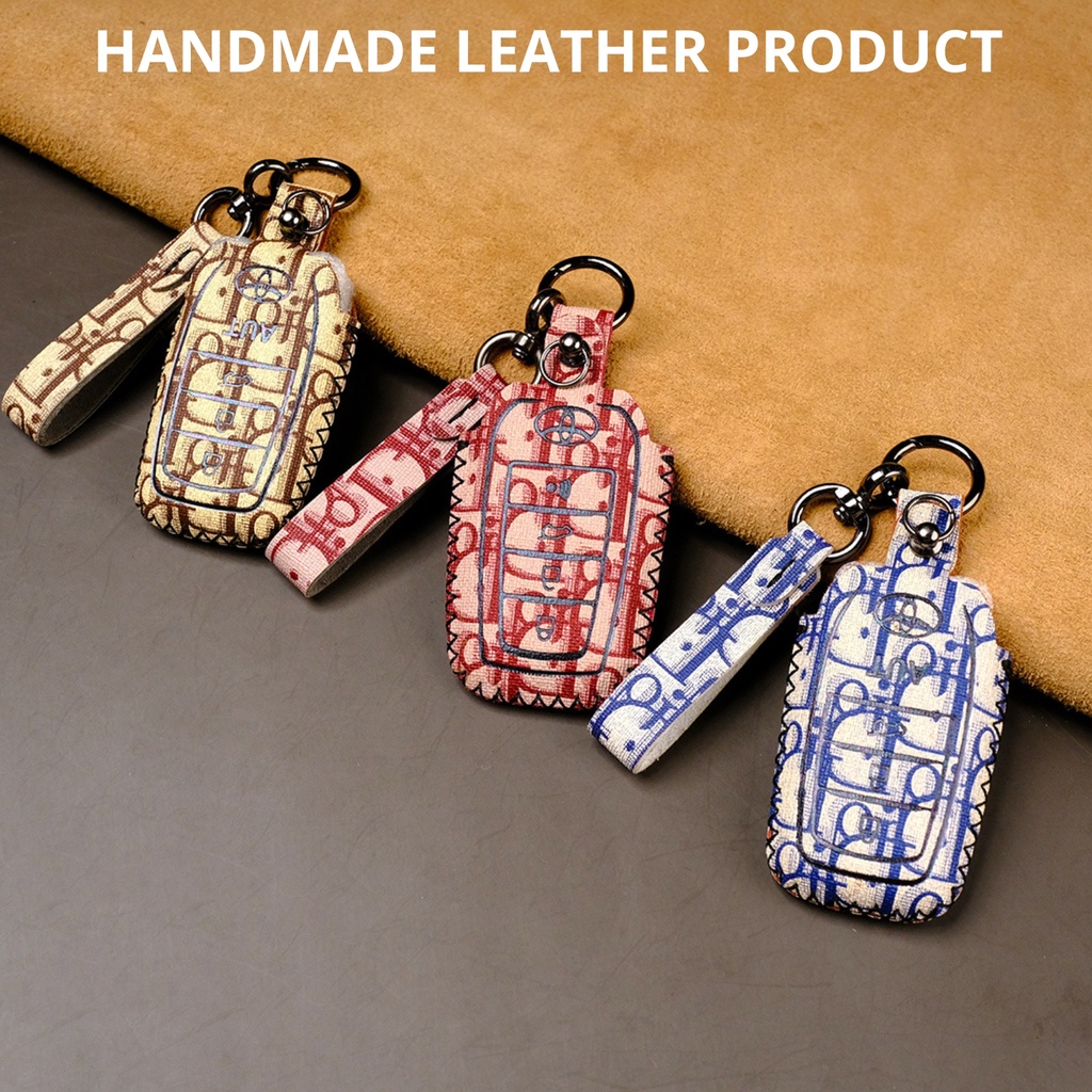 Bao da bọc chìa khóa smartkey ô tô Toyota Camry Fortuner Innova Hilux Land Cruiser mẫu mới khâu tay móc đen TFO