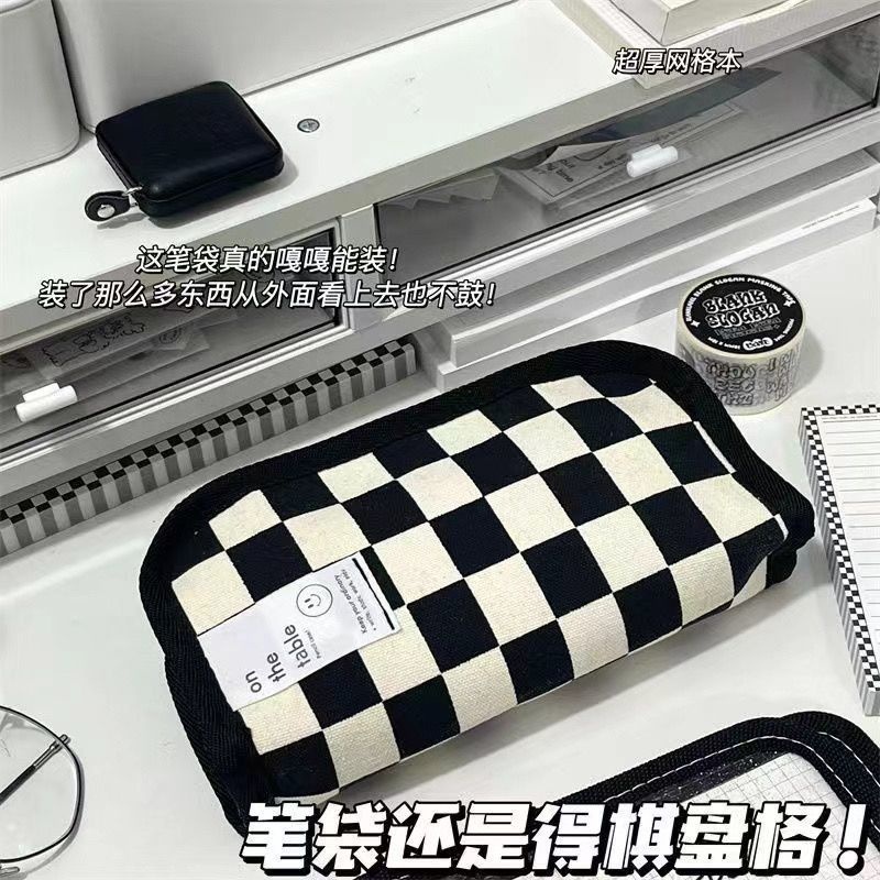 Túi Đựng Bút Vải Canvas Kẻ Sọc Ca Rô Cỡ Lớn Chuyên Dùng Cho Học Sinh