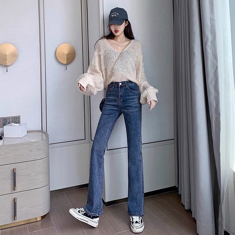 quần jeans ay xanh ống đứng cạp cao dáng basic