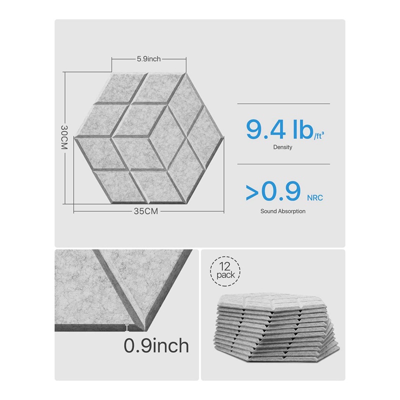 Set 12 Tấm Xốp Cách Âm Tự Dính Kích Thước 13.8 X 12 X0.4Inch Màu Xám Tiện Dụng Cho Studio / Thu Âm / Văn Phòng