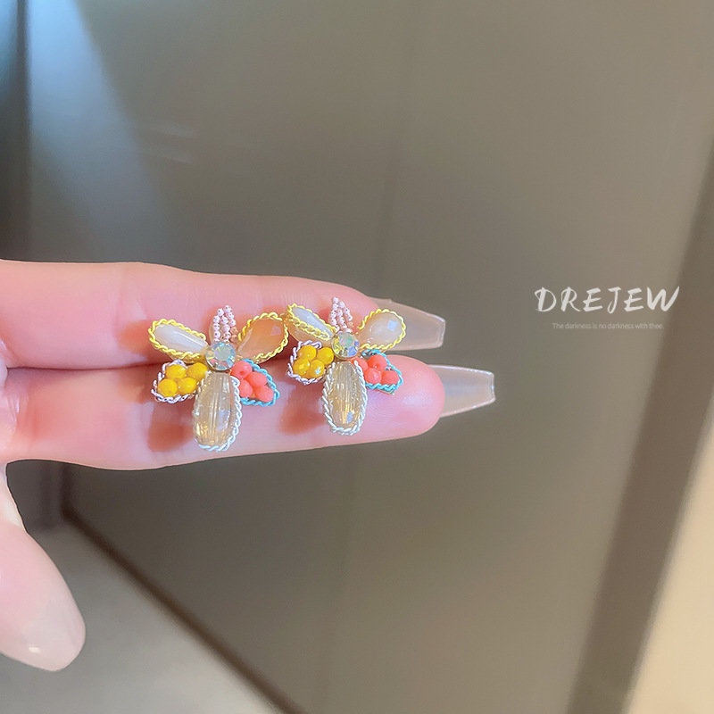 Khuyên tai DREJEW mạ bạc hình hoa đính đá dễ thương phong cách Nhật Hàn