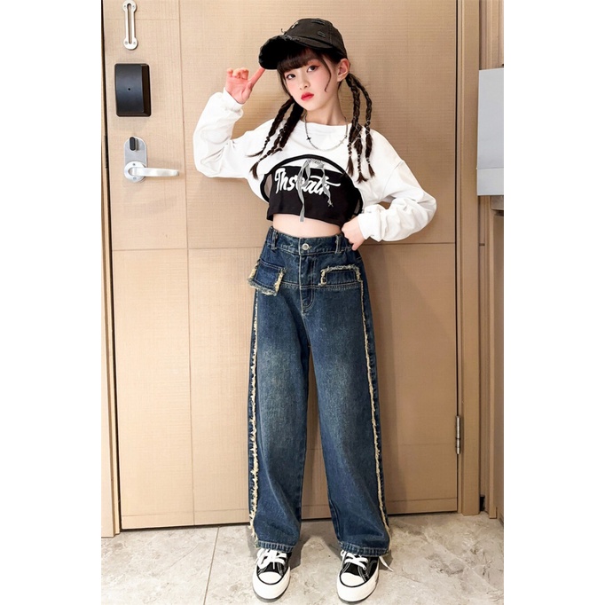 Set Áo Thun Dài Tay + Quần Jeans Dài Thời Trang Cho Bé Gái