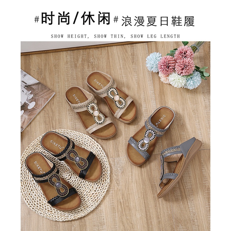 Giày Sandal Đế Bệt Mũi Tròn Size Lớn Thoải Mái Phong Cách Bohemian