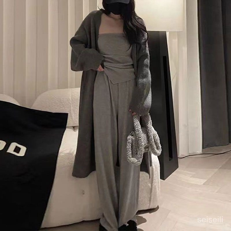 Bộ Đồ Hai Mảnh Ống Rộng Phong Cách Lười Thời Trang Xuân Thu Màu Trơn