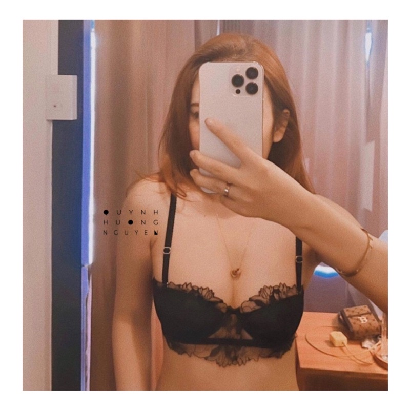 Set bra ren hoa thêu nhập khẩu cao cấp có gọng màu đen