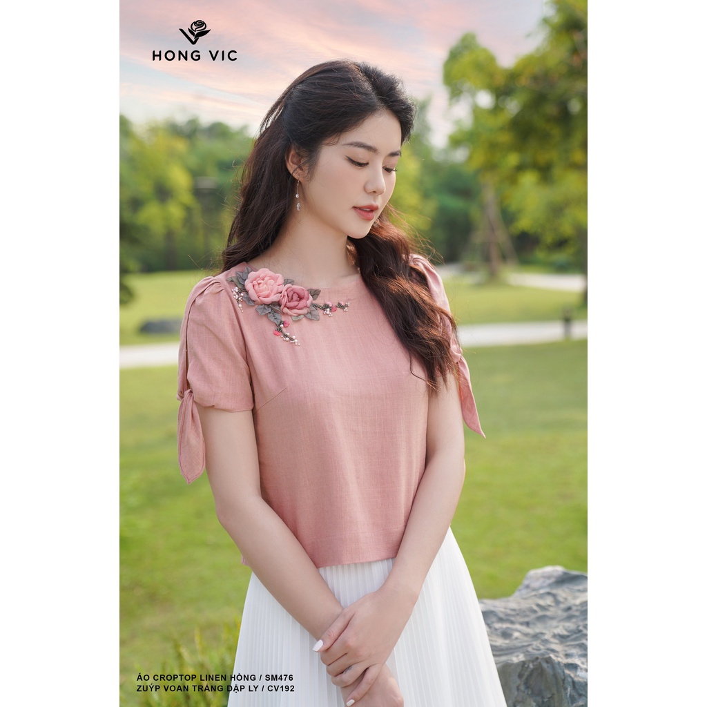 Áo croptop nữ thiết kế Hong Vic linen hồng SM476