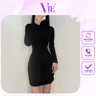 Váy body dài tay, nhún ở hông và eo cực tôn dáng, cổ cao 5cm. Chất vải tăm nhỏ cao cấp, co dãn tốt. VIE fashion 2112-05