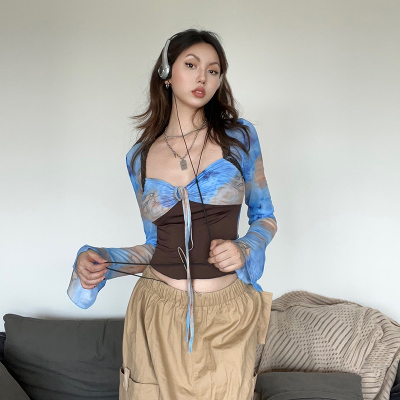 Weird Puss Áo thun dài tay nhuộm màu phong cách retro thời trang cho nữ