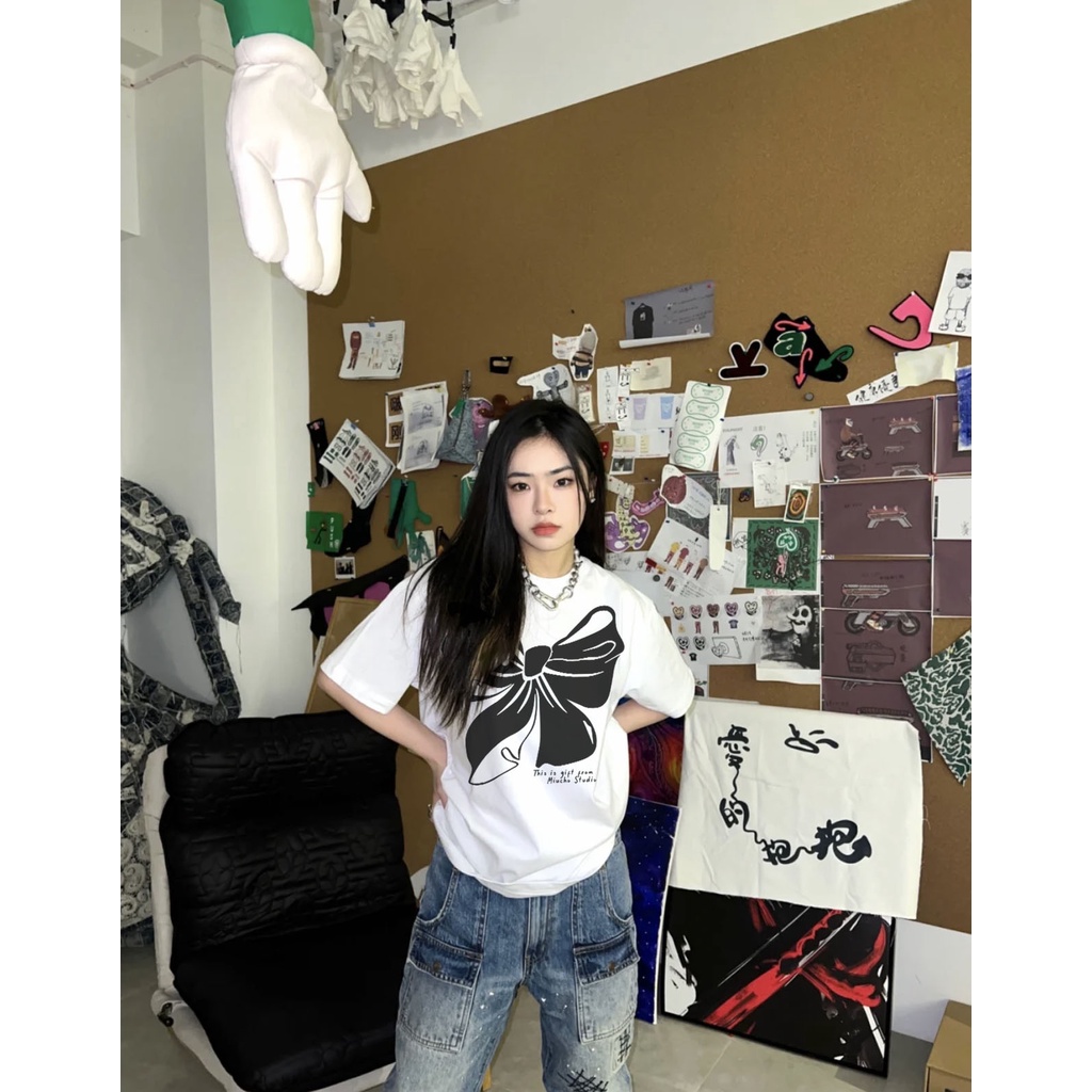 Áo thun form rộng nữ tay lỡ oversize chất vải cotton AT238 Miucho in hình hoạ tiết