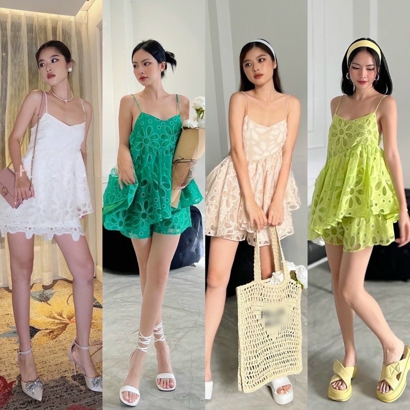 SET HAI DÂY VẠT CHÉO HOẠ TIẾT HOA NỔI Lazer PHỐI REN PHỒNG