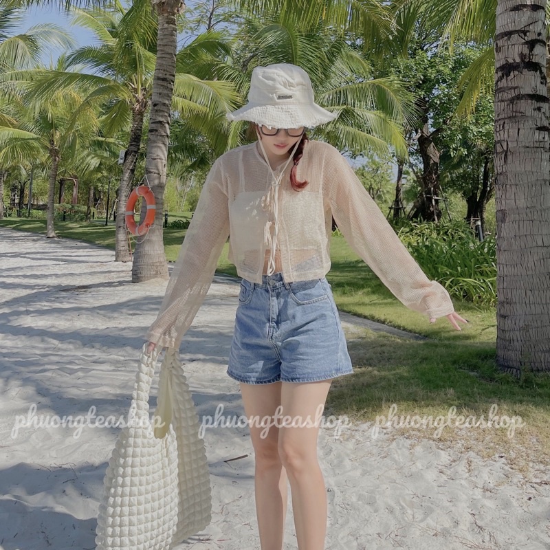 Áo croptop lưới dài tay thắc nơ mix áo 2s đồ đi biển hàng QC siêu xinh Thời Trang B.Y Tea Clothing