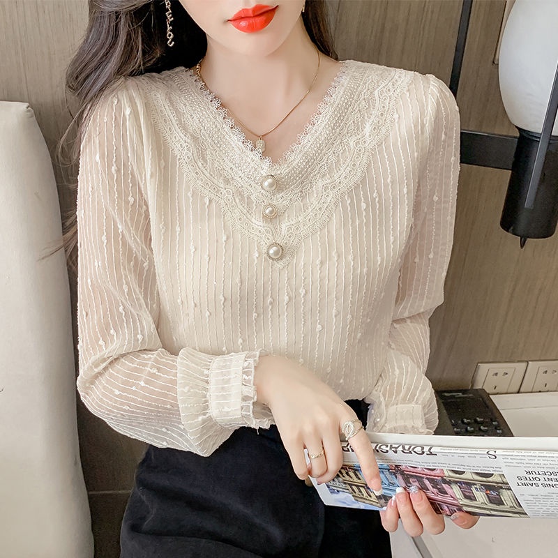 Áo Sơ Mi Voan Dài Tay Cổ Chữ V Phối Ren Thanh Lịch