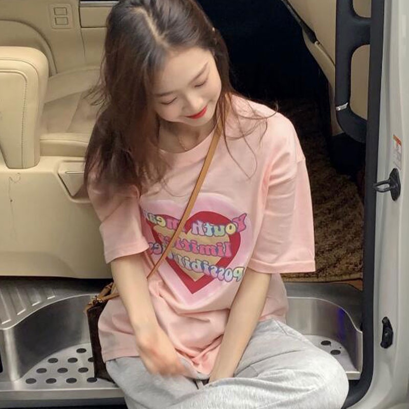 Áo thun XINLANYASHE cổ tròn tay ngắn dáng rộng in họa tiết thời trang Hàn Quốc 2023 cho nữ