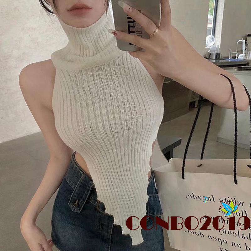 Áo Dệt Kim Sát Nách Cổ Cao Hở Lưng Màu Trơn Thời Trang Mùa Hè Cho Nữ