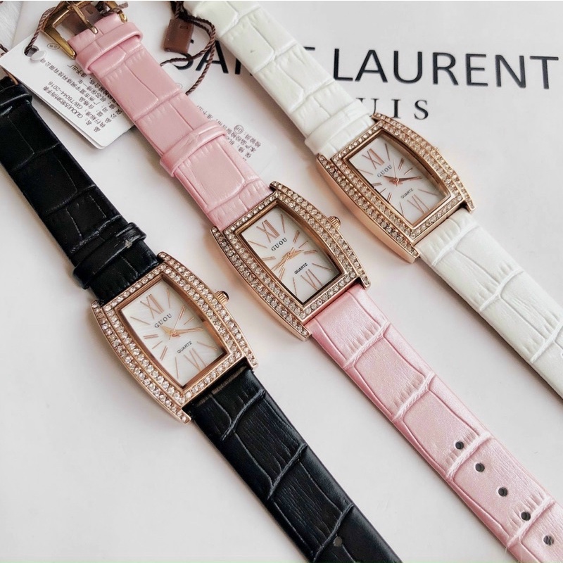 Đồng hồ thời trang nữ Guou dây da mềm full đá viền siêu sang đẹp chống nước Mai Luxury Watch G8225