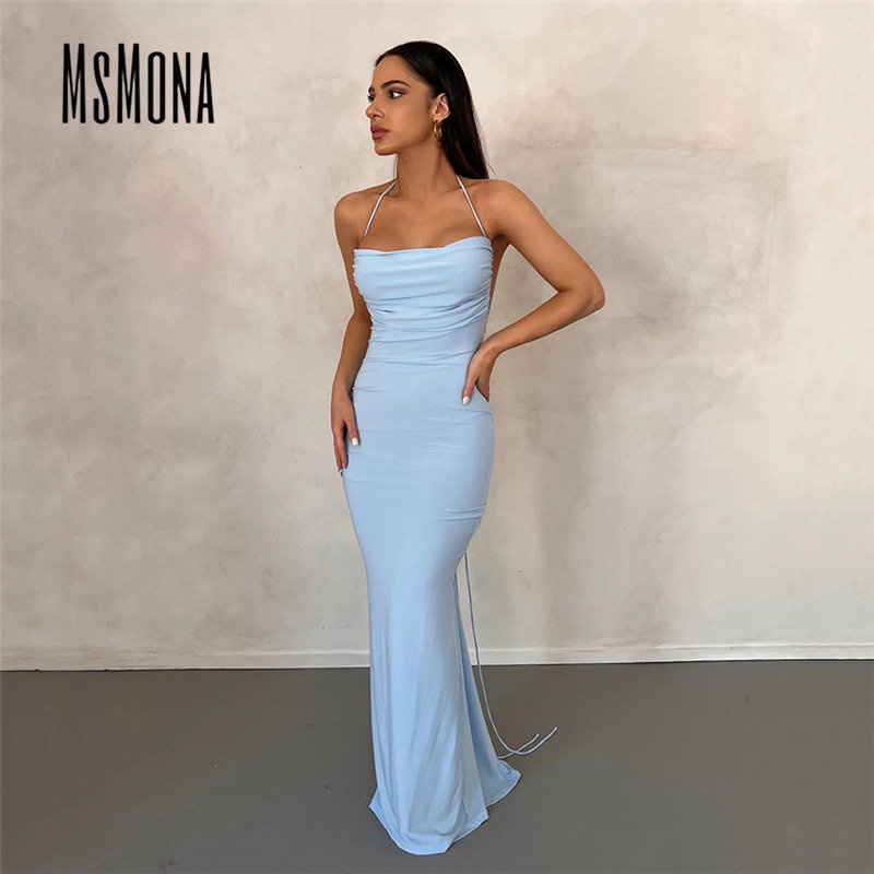 MsMona Đầm Ôm Dáng Màu Trơn Hở Lưng Thời Trang 2023 Dành Cho Nữ