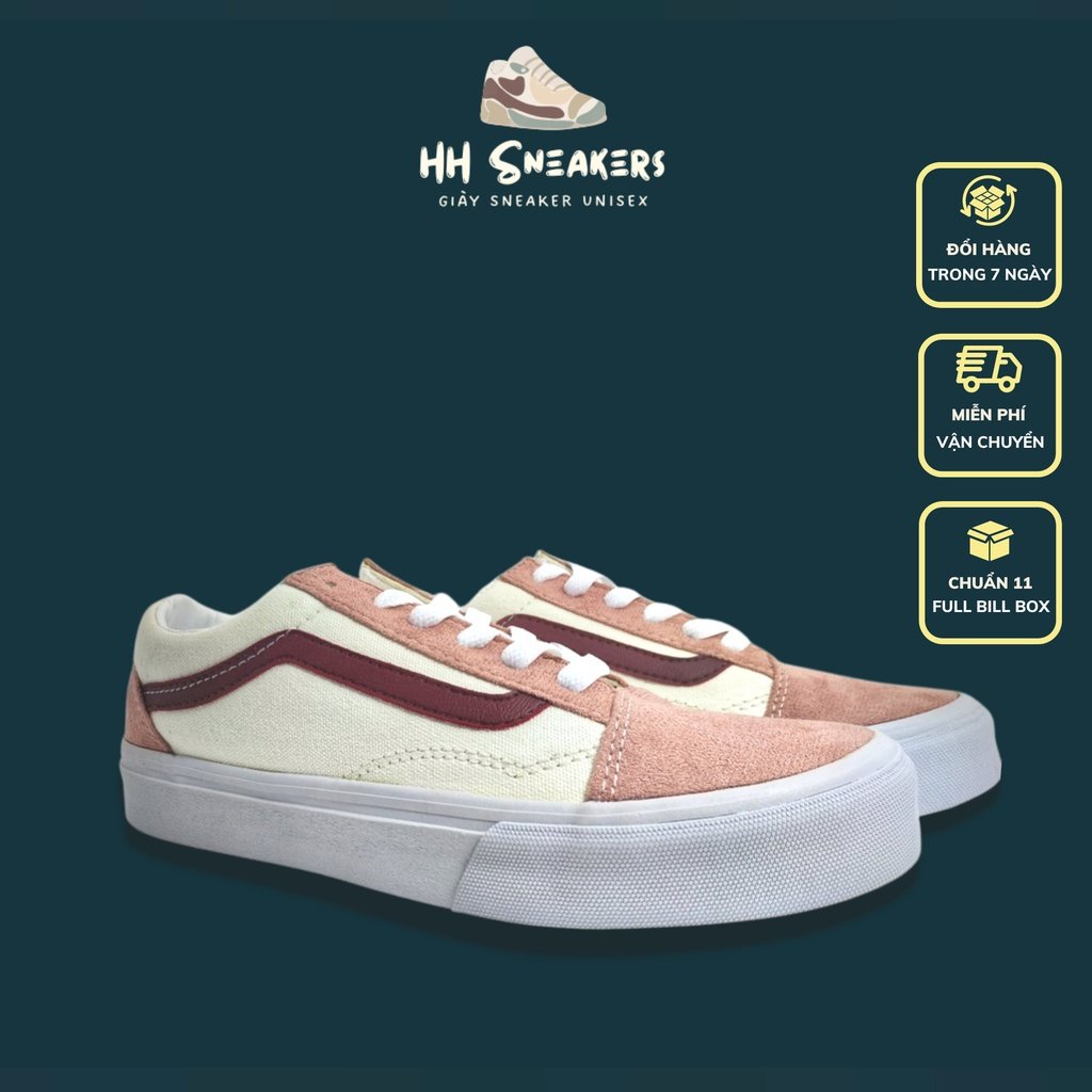 Giày thể thao nữ Vans vault old skool màu trắng hồng vải canvas cao cấp siêu đẹp Full Box