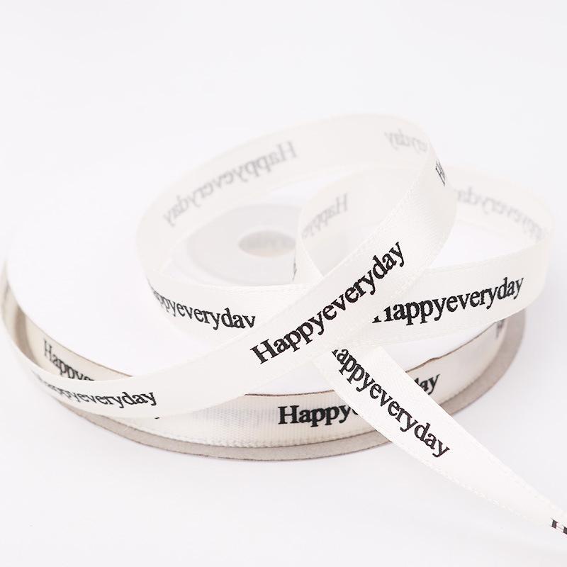 [Bán Lẻ 3 Mét] Ruy Băng Vải Lụa Cao Cấp In Chữ Happy Everyday 1cm Trang Trí Gói Hoa, Gói Quà Siêu Xinh, Handmade, Làm Nơ