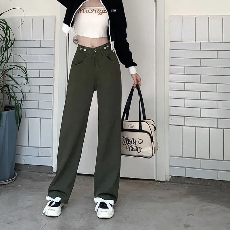 Quần Denim Lưng Cao Ống Rộng Phong Cách Retro Hàn Quốc