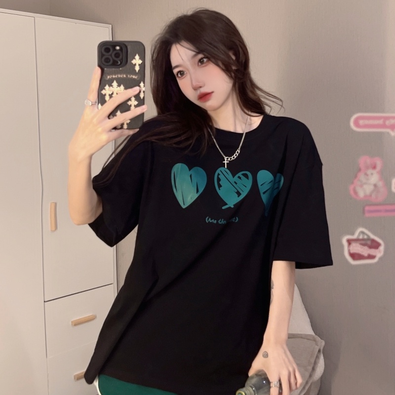 ZHELIHANGFEI Áo Thun Tay Ngắn Cổ Tròn Dáng Rộng In Hình Trái Tim Thời Trang Dễ Phối Đồ